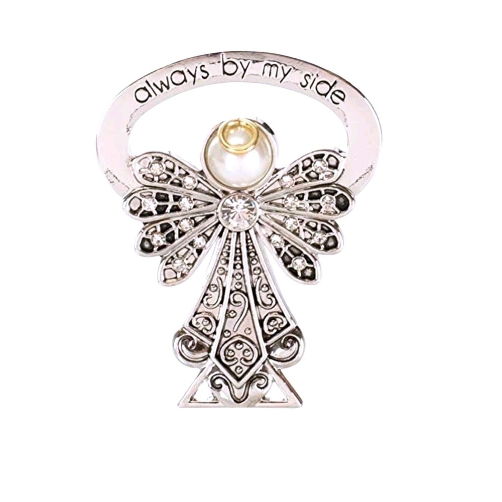 Always By My Side Guardian Angel Car Visor Clip Silver Tone Rhinestone Pearl